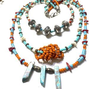 Southwestern Style Bead Necklace Multiple Strand Glass Stone Metal